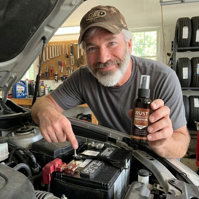 Pulizia di un morsetto della batteria sotto il cofano di un'auto